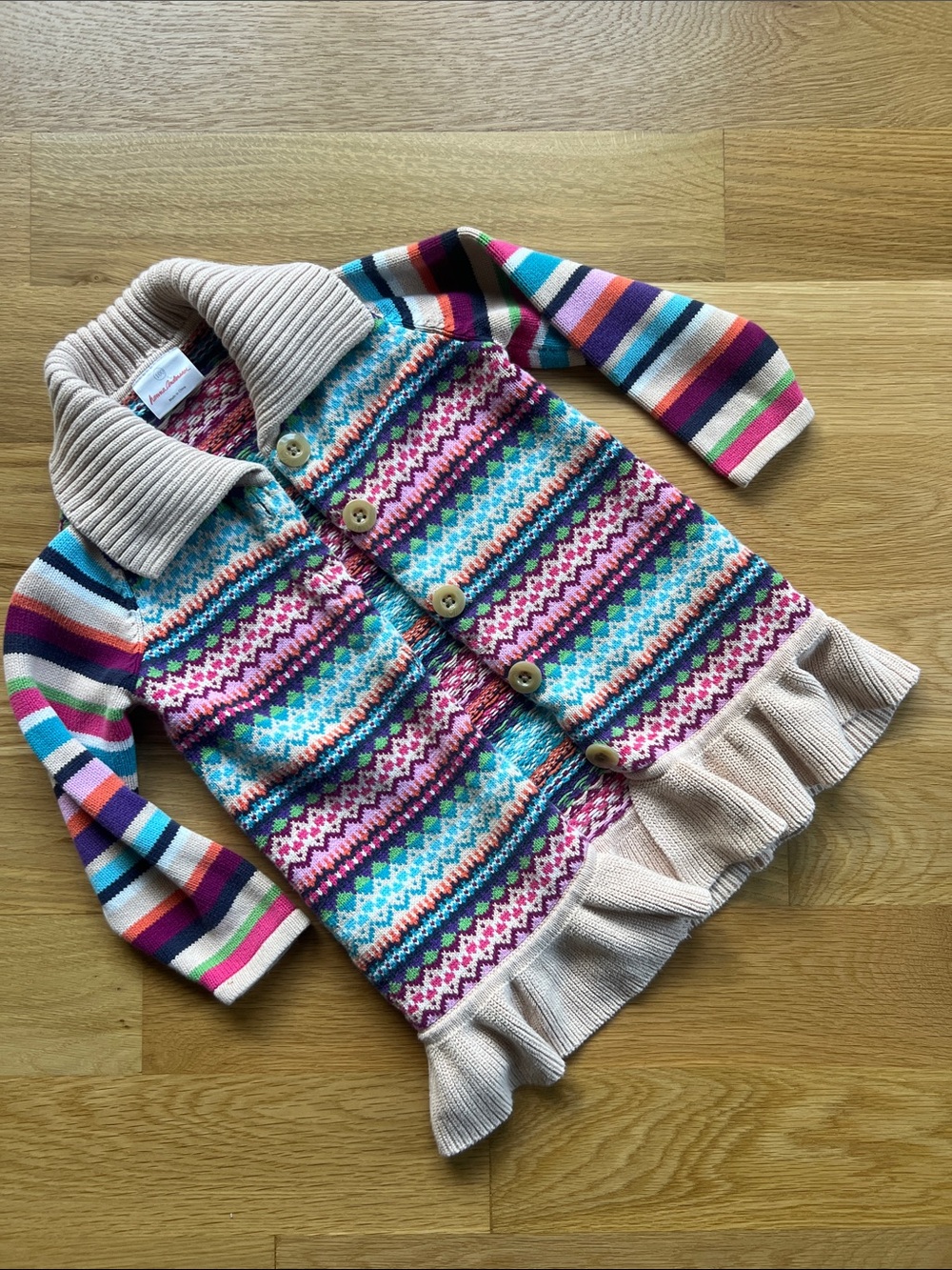 Hanna Andersson Multi-Color Fair Isle Striped Ruffle Hem Cardigan